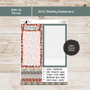 May include: A5 EC monthly dashboard sticker sheet for November with a habit tracker option. The sheet features a red and white design with the text "November". Includes sections for goals, ideas, and events. The text "2024-25 Version" is also present.