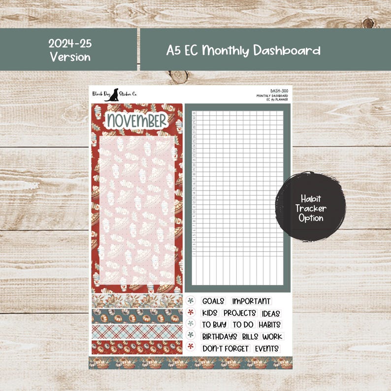 May include: A5 EC monthly dashboard sticker sheet for November with a habit tracker option. The sheet features a red and white design with the text "November". Includes sections for goals, ideas, and events. The text "2024-25 Version" is also present.