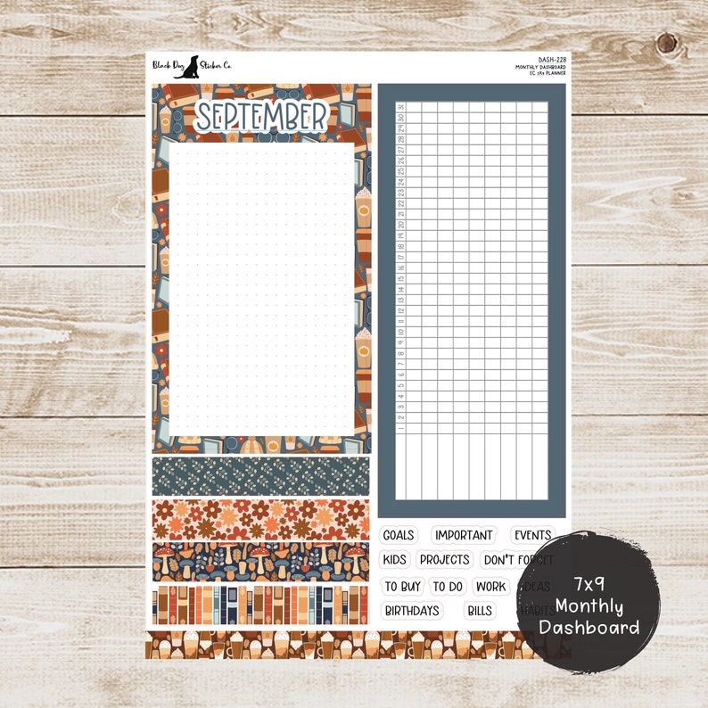 May include: A printable 7x9 monthly dashboard planner with a fall theme. The planner has a large section for notes, a calendar grid, and sections for goals, important tasks, events, kids, projects, to buy, to do, work, birthdays, and bills. The planner is decorated with a coffee and book pattern.