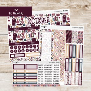May include: A set of planner stickers with a Halloween theme. The stickers include the month of October, dates, and various decorative elements like coffins, books, and pumpkins. The color scheme is primarily burgundy, cream, and gold.