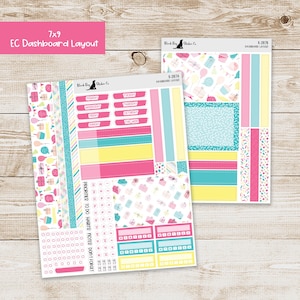 May include: Two planner sticker sheets with a colorful design. The sheets feature pink, yellow, and blue blocks, with text labels for days of the week and other planning elements. The top left corner of the image has the text "7x9 EC Dashboard Layout".