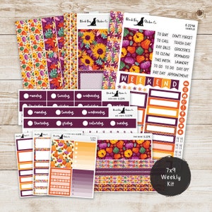May include: A 7x9 weekly planner sticker kit with a fall theme. The stickers feature pumpkins, sunflowers, and fall leaves in shades of orange, yellow, and purple. The kit includes a variety of stickers for daily tasks, appointments, and reminders. The kit also includes a set of weekly planner boxes with days of the week labels.