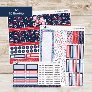 May include: A set of planner stickers with a patriotic theme. The stickers feature red, white, and blue designs, including fireworks, stars, and stripes. The text "July" is displayed prominently. Includes stickers for appointments, bill due, and planning.