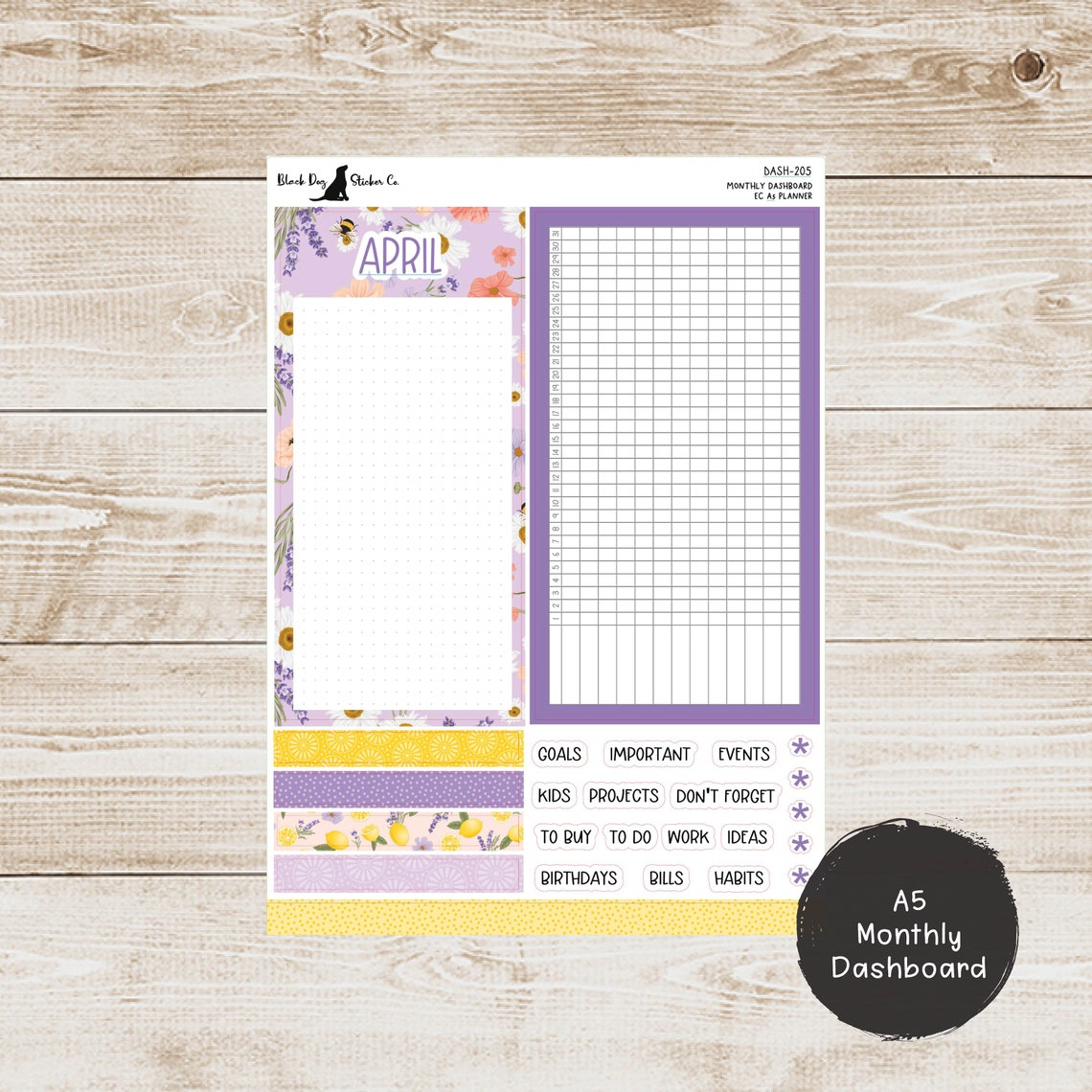 Erin Condren EC 7x9 or A5 Dashboard Monthly Kit - April 2024 - Lavender ...