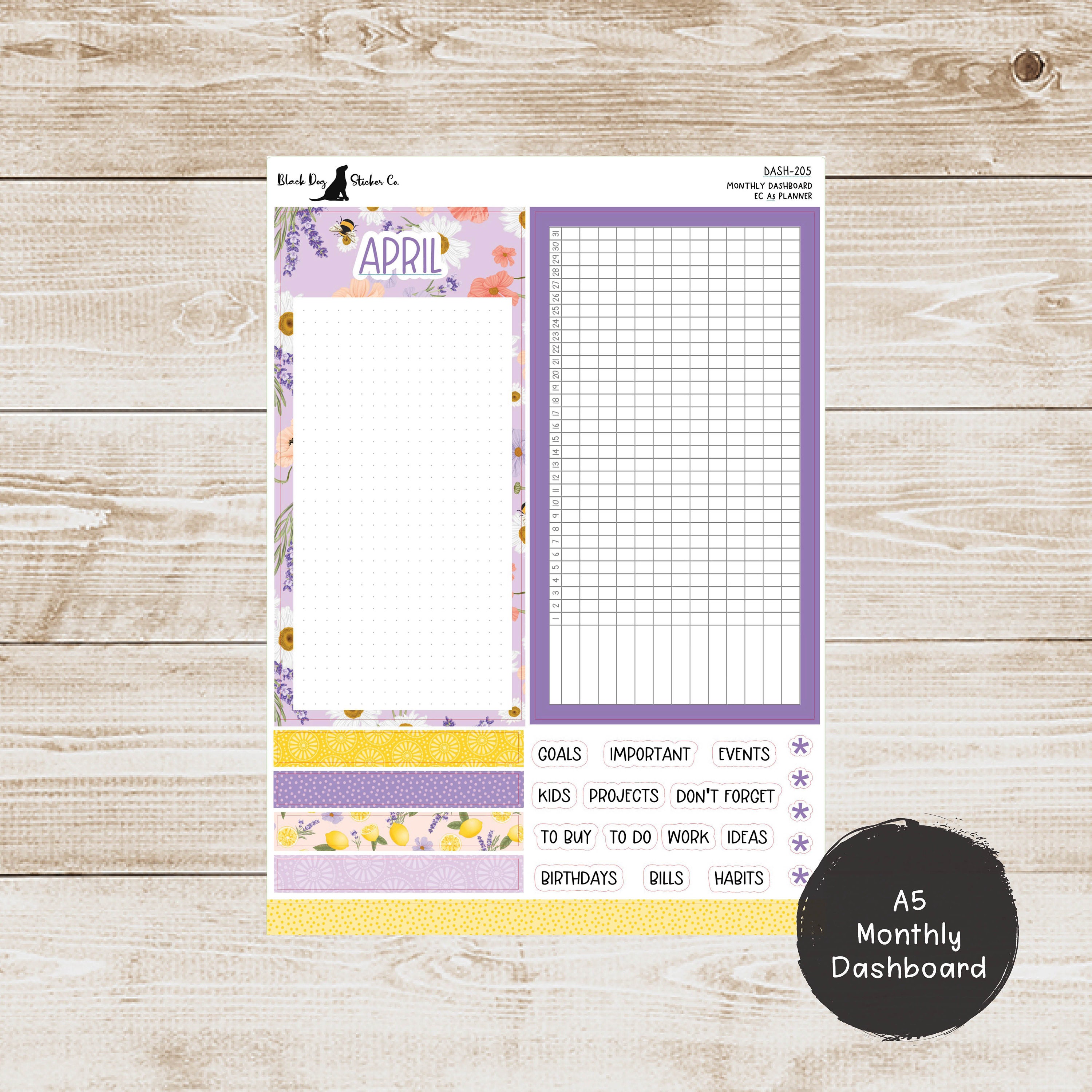 Erin Condren EC 7x9 or A5 Dashboard Monthly Kit - April 2024 - Lavender ...