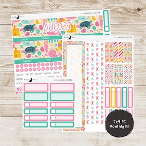 May include: A colorful planner sticker kit with a summer theme. The kit includes stickers with turtles, whales, and beach elements. The word "August" is displayed. The kit is labeled "7x9 EC Monthly Kit".