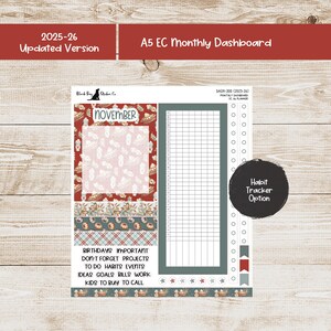 May include: A planner dashboard sticker sheet with a November theme. The sheet includes a habit tracker option, a grid for notes, and decorative elements. Text includes "2025-26 Updated Version" and "A5 EC Monthly Dashboard."