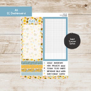 K&ouml;nnte beinhalten: Ein druckbarer A5 EC-Dashboard-Planer mit Bienen-Motiv. Der Planer enth&auml;lt einen Habit-Tracker, einen Monatskalender und einen Bereich f&uuml;r Ziele, wichtige Aufgaben, Kinderprojekte, Ideen, Eink&auml;ufe, Gewohnheiten, Geburtstage, Rechnungen, Arbeit und Termine, die man nicht vergessen sollte.