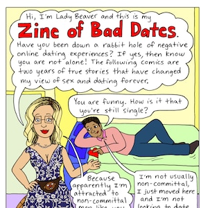 Pode incluir: Uma ilustração de banda desenhada de uma mulher com um vestido floral a falar com um homem deitado num sofá. A mulher diz: "Porque aparentemente sou atraída por homens não comprometidos como você." O homem diz: "Eu não sou normalmente não comprometido, acabei de me mudar para cá e não estou à procura de namorar ninguém seriamente."