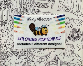 Coloring Book Postcard Pack by Lady Beaver with color pencils and pencil sharpener