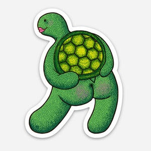 May include: A green cartoon turtle with a pink mouth is walking while holding its shell behind it. The shell is green with yellow hexagonal patterns.