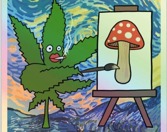Holographic weed painting mushroom Van Gogh inspired sticker