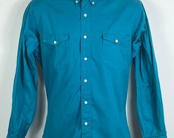 Wrangler Cowboy Shirt Blue Teal Turquoise Mens Ladies Rockabilly Rocker Hippy Boho Summer Festival Gig Beach Party Vintage 80s 90s USA Made!