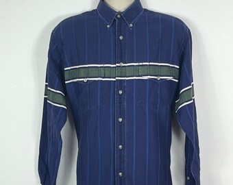 Wrangler Shirt Striped Blue White Green Mens Ladies Medium Large 40 42 Preppy Hipster Boho Festival Gig Vintage 80s 90s Oversized Party Cool