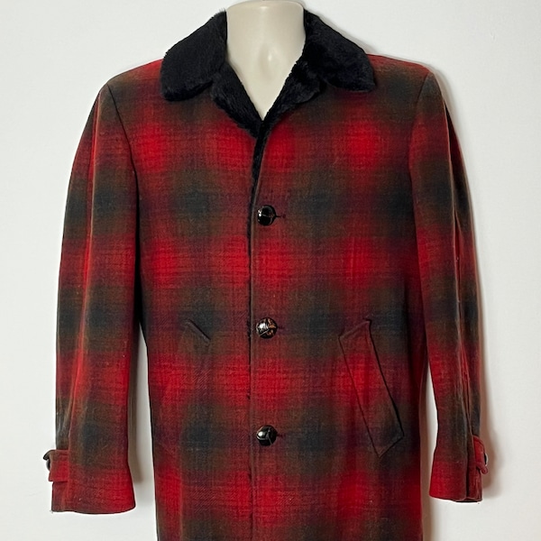 Pendleton Wool Winter Coat Faux Fur Collar Red Black Check Mens Ladies Medium 40 42 Rockabilly Hipster Boho Festival Jacket Vintage 50s 60s