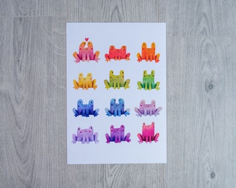 A4 'Rainbow Frogs' heavyweight art print