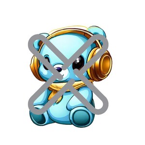 Könnte beinhalten: Ein blauer Cartoon-Bär, der goldene Kopfhörer mit einem gelben Schal trägt. Der Bär sitzt mit gekreuzten Beinen und hat einen glücklichen Gesichtsausdruck.