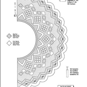Puede incluir: Un diagrama en blanco y negro de un patrón de encaje de ganchillo llamado "Punta 393". El patrón está hecho con 92 bolillos y utiliza hilo de algodón n.º 40.