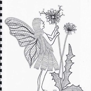 May include: Black and white line drawing of a fairy holding a dandelion. The fairy has detailed wings and a dress-like garment. The text "Löwenzahnfee Margot" is at the bottom.