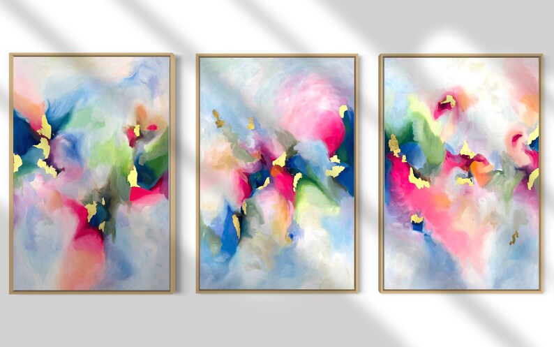 Colorful Abstract 3 Piece Art Print Set With Gold Leaf - Etsy