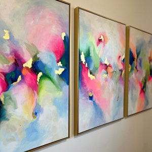 Colorful Abstract 3 Piece Art Print set with Gold Leaf