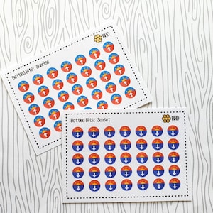 May include: Two sheets of stickers with a sun and arrow design. The top sheet has a red, white, and blue sun with an upward arrow. The bottom sheet has a red, white, and blue sun with a downward arrow. Both sheets have the text "Bottled Bits" and "BHD" on them.