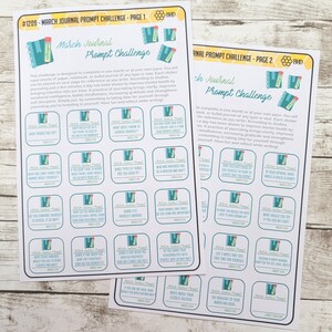 May include: A printable sheet with a March Journal Prompt Challenge. The sheet is divided into squares with prompts for journaling. The prompts are designed to help with self-reflection and mindfulness.  The sheet is decorated with a green and blue notebook design.