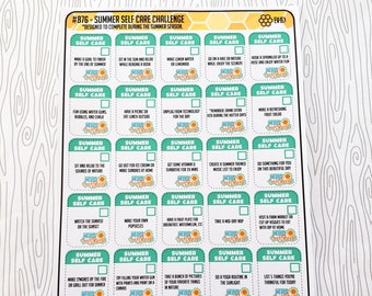 May include: A green and white printable summer self-care challenge with 25 squares. Each square has a different self-care activity to complete during the summer season. The squares are labeled with the text "Summer Self Care" and have a sun and flower graphic.