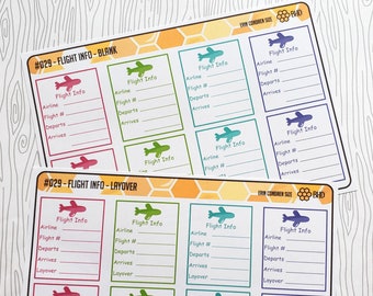 May include: A set of eight printable planner stickers with a flight theme. The stickers are in various colors and feature a plane icon. The stickers are labeled "Flight Info" and have spaces to write in flight details, such as airline, flight number, departure time, arrival time, and layover time.