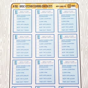 May include: Nine blue and white checklists for basic kitchen cleaning tasks. Each checklist includes the following tasks: wash dishes/load dishwasher, clean counters, clean sink, wipe appliances, mop the floor, and take out trash. The checklists are labeled "Basic Kitchen Cleaning Checklist".