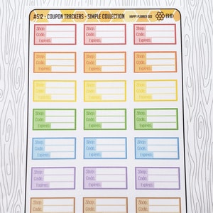 May include: A sheet of colorful coupon tracker stickers with the text "#512 - COUPON TRACKERS - SIMPLE COLLECTION HAPPY PLANNER SIZE BHD". Each sticker has three lines for writing "Shop", "Code", and "Expires".