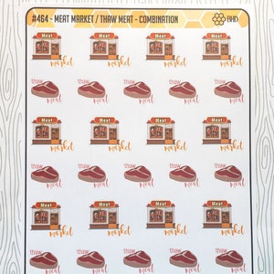 May include: A sheet of 25 stickers featuring a combination of meat market and thaw meat designs. The stickers are white with a light blue background. Each sticker features a cartoon image of a meat market or a piece of meat with the words "meat", "market", and "thaw" written in pink.