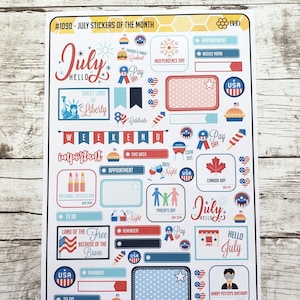 May include: A sheet of colorful stickers with a July theme. The stickers feature various designs, including stars, fireworks, flags, and text. The text includes "July", "Hello July", "Sweet Land of Liberty", "Weekend", "Important", "This Week", "Appointment", "To Do", "Reminder", "National Lipstick Day", "Parents Day", "Canada Day", "Pay Day", "Cook Out", "Date Night", "Movie Night", "Land of the Free Because of the Brave", "USA", "Harry Potter's Birthday", and "Celebrate".