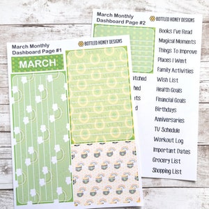 May include: Two printable March monthly dashboard pages with a green shamrock and gold horseshoe pattern. The pages include sections for books read, magical moments, things to improve, places visited, family activities, wish list, health goals, financial goals, birthdays, anniversaries, TV schedule, workout log, important dates, grocery list, and shopping list.