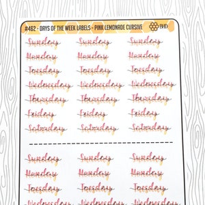 May include: A sheet of 18 pink and yellow cursive day of the week labels. The labels are in a pink and yellow ombre color scheme. The labels are arranged in three rows of six labels each. The labels are for Sunday, Monday, Tuesday, Wednesday, Thursday, Friday, and Saturday.