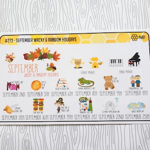 May include: A yellow and white card with the text "#273 - SEPTEMBER WACKY & RANDOM HOLIDAYS" and a list of holidays in September, including "Play-Doh Day", "Read a Book Day", and "World Dream Day".