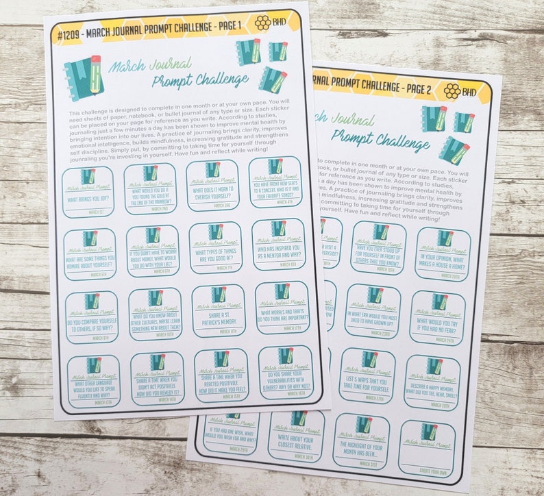 May include: A printable sheet with a March Journal Prompt Challenge. The sheet is divided into squares with prompts for journaling. The prompts are designed to help with self-reflection and mindfulness.  The sheet is decorated with a green and blue notebook design.