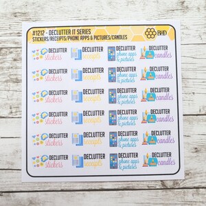 May include: A sheet of 10 colorful sticker labels with the text "Declutter It Series" and "Stickers/Receipts/Phone Apps & Pictures/Candles". Each label features a different icon, including a phone, a candle, a receipt, and a sticker.