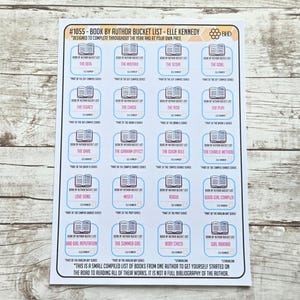 May include: A white rectangular print with a book bucket list by author Elle Kennedy. The print features a grid of book titles, including "The Deal" and "The Mistake". Text at the bottom reads, "This is a small compiled list of books..."
