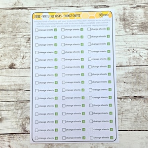 May include: A white sticker sheet with a grid of checkboxes labeled "change sheets." The text "#999 - WRITE FREE TASKS - CHANGE SHEETS" is at the top. The sheet is designed for easy task tracking and planning.