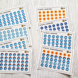 May include: Eight sheets of weather-themed stickers with various weather icons, including sun, clouds, rain, wind, snow, and a combination pack. Each sheet has the text "Bottled Bits" and the weather theme.
