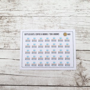 May include: A sheet of stickers with illustrations of coffee cups and stacks of books. The stickers are labeled "Bottled Bits: Coffee & Books / Tea & Books".