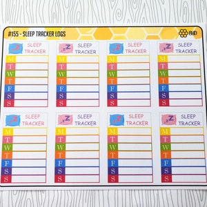 May include: Eight colorful printable sleep tracker logs with the text "#155 - Sleep Tracker Logs" and "Sleep Tracker" on each log. Each log has a pillow icon with a Z on it and the days of the week listed: M, T, W, T, F, S, S.