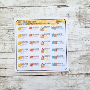 May include: A sheet of printable stickers with a honeycomb pattern and the text "#337 - Declutter It Series" and "Takeout Menus/Coupons/Party Supplies/Excess Bags". The stickers are designed to help declutter different categories of items.