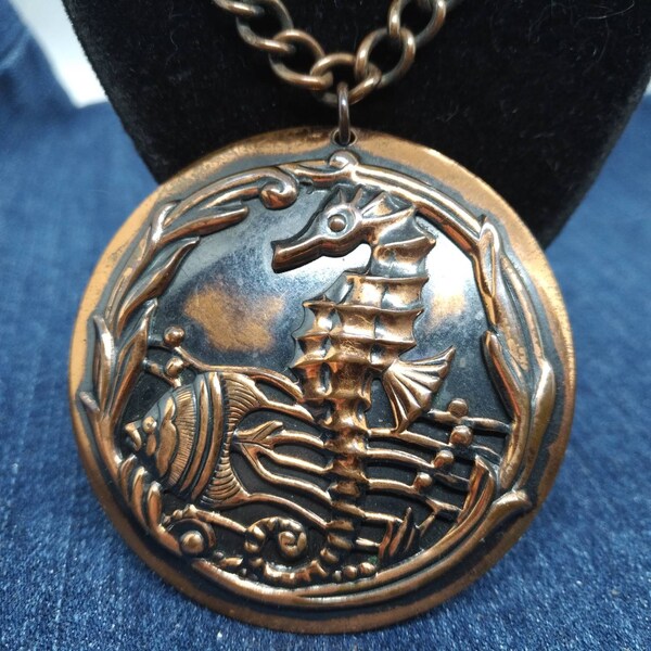 Lovely Large Copper Medallion Nautical Pendant with Chain Sea Horse Angel Fish