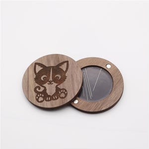 Engraved Wooden Needle Case | Needle Box | Needle Storage Case | Needle Holder | Round - Kitten with Optional Needle Minder | 12 Designs