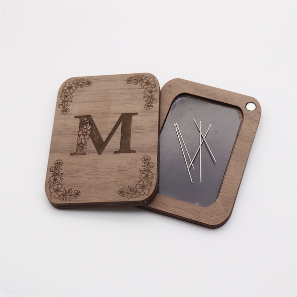 Personalized Monogram Wooden Needle Case: Magnetic Needle Storage