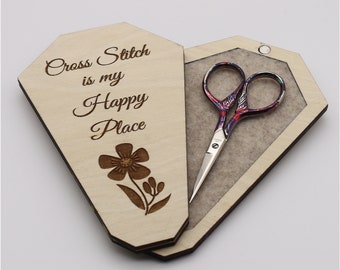 Engraved Wooden Scissors Case | Scissors Box | Scissors Storage Case | Scissors Holder - Cross Stitch is my happy place