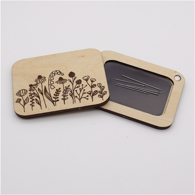 Personalized Engraved Wooden Needle Case Needle Box Needle Storage Case Cross Stitch Needle Holder Rectangle Floral image 3