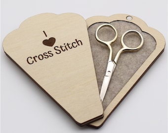 Engraved Wooden Scissors Case | Scissors Box | Scissors Storage Case | Scissors Holder - I Love Cross Stitch